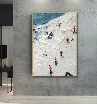 Impressionismus Werke - Skifahrer auf Schneebedeckter Berg Wandkunst Sport Weißer Schnee Skifahren Zimmerdekoration von Messer 07